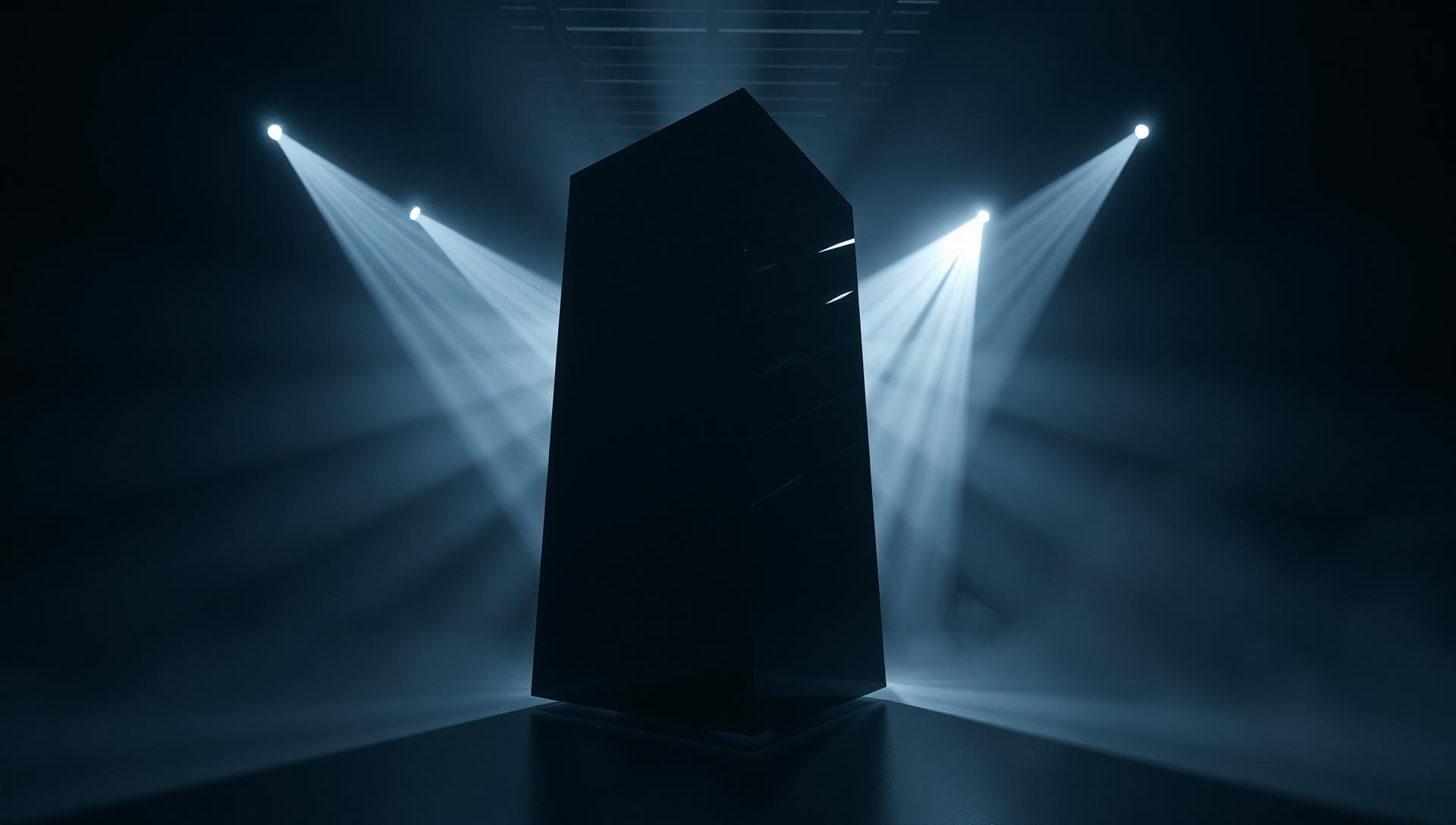 Volumetric light revealing a chrome monolith on a soundstage
